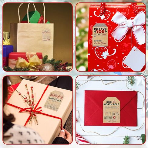 200Pcs Self Adhesive Kraft Christmas Gift Tags, Santa Claus Stickers, Writable Kraft Paper Labels for Xmas Holiday Presents, Envelopes, and Cards - 6 Festive Designs for Christmas Decorations in Saudi Arabia