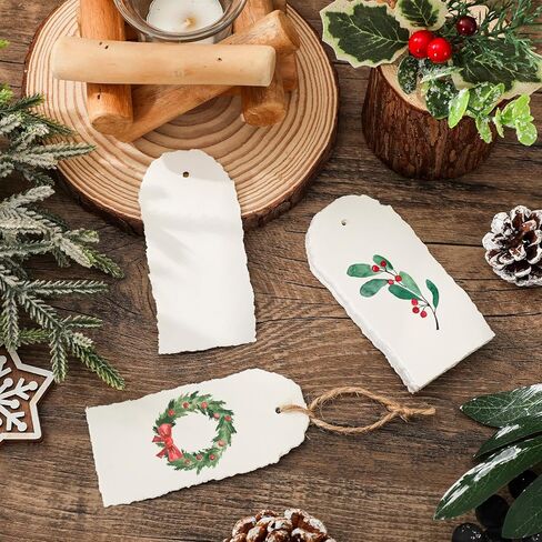 80 Pack Handmade Deckle Edge Tags with String 3.75 x 1.75 Thick 160 GSM Vintage Beige Cotton Blank Gift Tags for Name Cards Place Cards Clothes Price Labels Art Crafts in Saudi Arabia