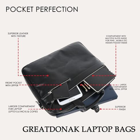 Genuine Leather 15.6" Laptop Bags | Office School College Business Travel For Men and Women | Adjustable Crossbody Shoulder Straps Water Resistant YKK Zipper - Black in Saudi Arabia