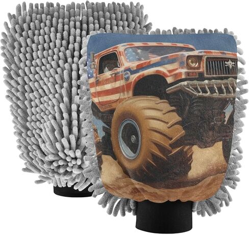 AIXIWAWA Car Wash Mitt Washing Glove Scratch Free Water Absorbent 2 Pack Medium Monster Truck Patriotic Print in Saudi Arabia