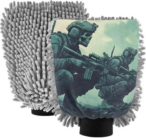 AIXIWAWA Car Wash Mitt Washing Glove Scratch Free Water Absorbent 2 Pack Large Skull Soldier Team Print in Saudi Arabia