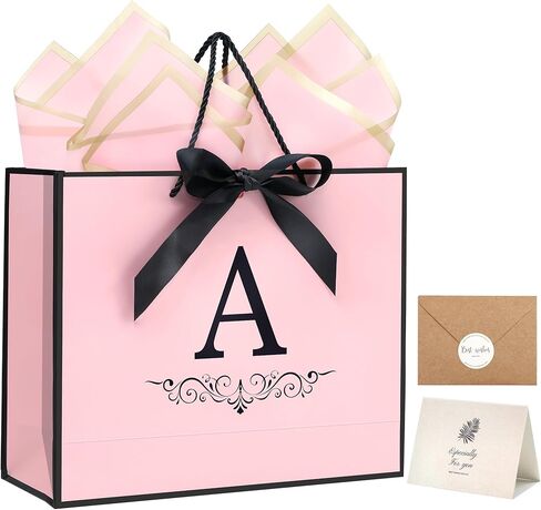KeerxunBag Paper Personalized Gift Bags for Women Girls with Initial - Monogrammed Pink Paper Gift Bag with Ribbon Bow, Matching Tissue Paper, Card and Envelope Sticker (A, Medium) in Saudi Arabia