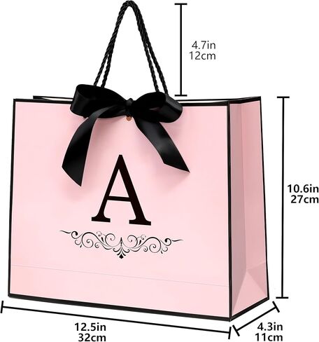 KeerxunBag Paper Personalized Gift Bags for Women Girls with Initial - Monogrammed Pink Paper Gift Bag with Ribbon Bow, Matching Tissue Paper, Card and Envelope Sticker (A, Medium) in Saudi Arabia