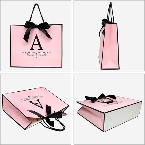 KeerxunBag Paper Personalized Gift Bags for Women Girls with Initial - Monogrammed Pink Paper Gift Bag with Ribbon Bow, Matching Tissue Paper, Card and Envelope Sticker (A, Medium) in Saudi Arabia