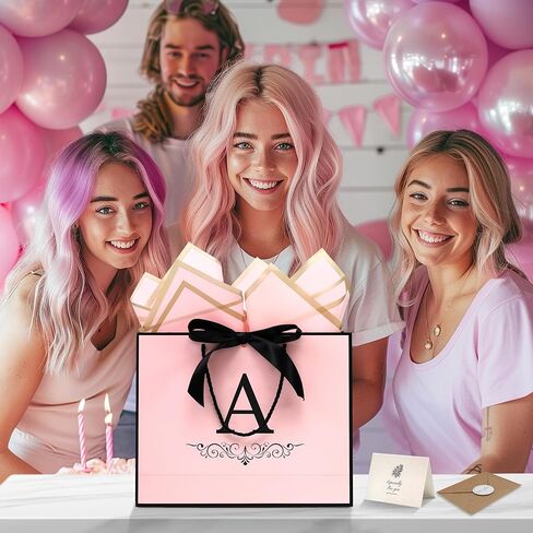 KeerxunBag Paper Personalized Gift Bags for Women Girls with Initial - Monogrammed Pink Paper Gift Bag with Ribbon Bow, Matching Tissue Paper, Card and Envelope Sticker (A, Medium) in Saudi Arabia