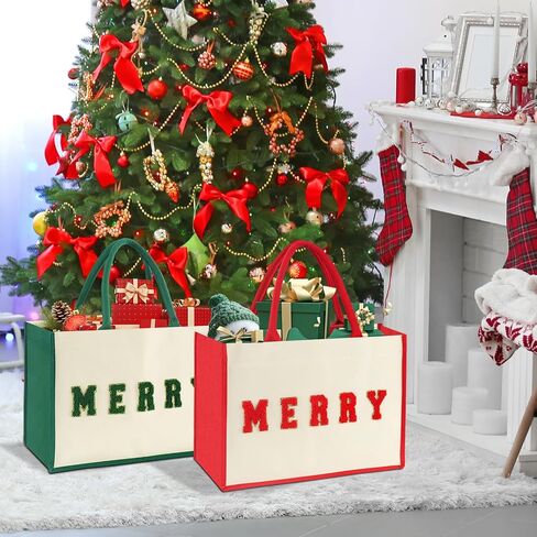 15.5" Canvas Large Christmas Gift Bags with Handles, Reusable Chenille Merry Patches Grocery Shopping Xmas Gift Bags for Women Men Kids Family, Red Holiday Santa Goody Wrapping Bags for Party Favor in Saudi Arabia