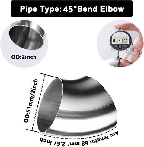 2pcs OD 2 Inch 45 Degree SS304 Stainless Steel Bend Tube Exhaust Elbow Pipe for automotive exhaust modification or stair handrail, silver polish，Exhaust System 2" Piping. in Saudi Arabia