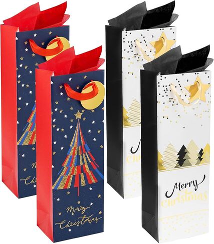 RACHELLE'S Christmas Wine Bags – 14"x5"x4" – 2-Pack Sturdy Paper Gift Bags with Tissue Paper, Tag and Handle – Holiday Wreath and Hat Designs – Perfect for Christmas Holiday Gifting & Party Favors in Saudi Arabia