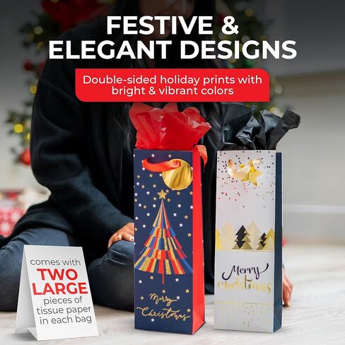 RACHELLE'S Christmas Wine Bags – 14"x5"x4" – 2-Pack Sturdy Paper Gift Bags with Tissue Paper, Tag and Handle – Holiday Wreath and Hat Designs – Perfect for Christmas Holiday Gifting & Party Favors in Saudi Arabia