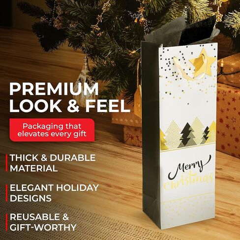RACHELLE'S Christmas Wine Bags – 14"x5"x4" – 2-Pack Sturdy Paper Gift Bags with Tissue Paper, Tag and Handle – Holiday Wreath and Hat Designs – Perfect for Christmas Holiday Gifting & Party Favors in Saudi Arabia