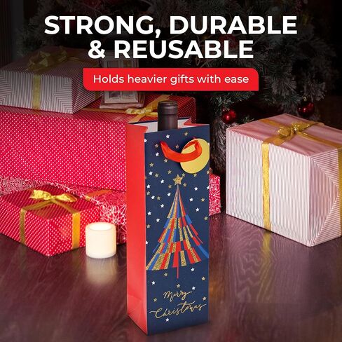 RACHELLE'S Christmas Wine Bags – 14"x5"x4" – 2-Pack Sturdy Paper Gift Bags with Tissue Paper, Tag and Handle – Holiday Wreath and Hat Designs – Perfect for Christmas Holiday Gifting & Party Favors in Saudi Arabia