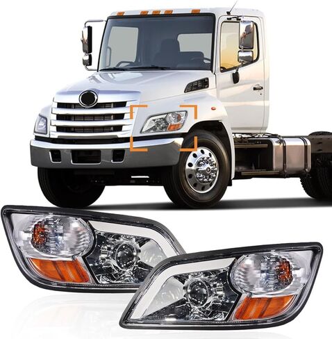 Headlight Assembly fit for 2011+ Hino 238 258 268 338 Truck Left Driver and Right Passenger Side with Silver Painted Headlamp (LED Lens) (Chrome LED, Pair) in Saudi Arabia