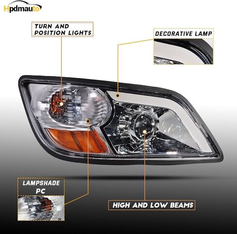 Headlight Assembly fit for 2011+ Hino 238 258 268 338 Truck Left Driver and Right Passenger Side with Silver Painted Headlamp (LED Lens) (Chrome LED, Pair) in Saudi Arabia