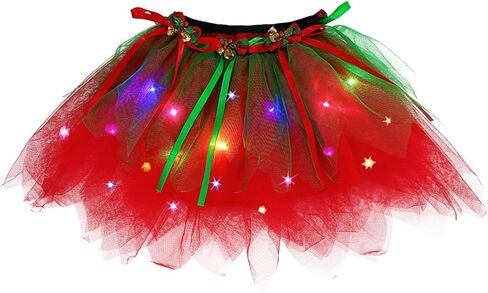EARENT عيد الميلاد تضيء توتو تنورة Led عيد الميلاد القوس أجراس الباليه تول التنانير عطلة زي حفلة تنورات قصيرة تنورة حمراء in Saudi Arabia
