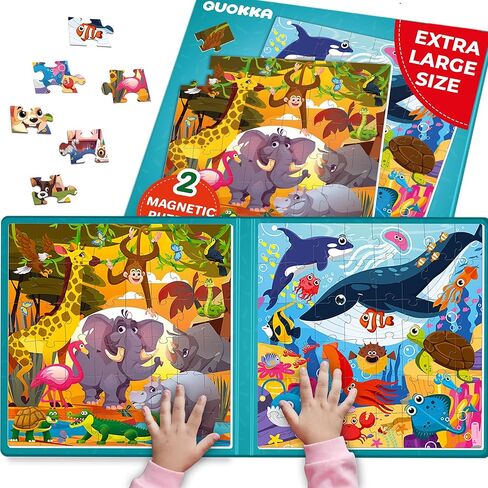 QUOKKA Magnetic Puzzles for Toddlers 2-4 - 2x48 Travel Puzzle Games for Kids Ages 3-5 Years Old - Car Activities Toy for Boys and Girls 4-6 yo - Africa & Ocean Animals Learning Magnet for Road Trip in Saudi Arabia