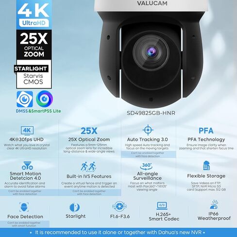 كاميرا الوجه الخارجية 4K@30fps PoE IP عالية السرعة PTZ - زووم بصري 25X، F1.6-F3.6، مستشعر Starvis 1/2.8 بوصة، رؤية ليلية ملونة 0.005Lux، تتبع PFA التلقائي، اكتشاف IVS، IP66، فتحة 512 جيجابايت in Kuwait
