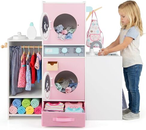 Costzon Kids Washer and Dryer Playset, Toddler Wooden Pretend Laundry Play Set w/Laundry Detergent Bottle, Iron, Hangers & Fabric Drawer, Realistic Laundry Room, Ideal Gift for Boys & Girls 3+ in Saudi Arabia