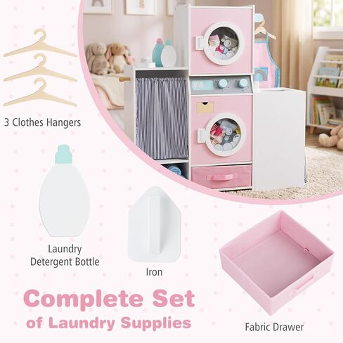 Costzon Kids Washer and Dryer Playset, Toddler Wooden Pretend Laundry Play Set w/Laundry Detergent Bottle, Iron, Hangers & Fabric Drawer, Realistic Laundry Room, Ideal Gift for Boys & Girls 3+ in Saudi Arabia