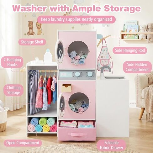 Costzon Kids Washer and Dryer Playset, Toddler Wooden Pretend Laundry Play Set w/Laundry Detergent Bottle, Iron, Hangers & Fabric Drawer, Realistic Laundry Room, Ideal Gift for Boys & Girls 3+ in Saudi Arabia