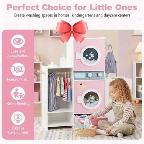 Costzon Kids Washer and Dryer Playset, Toddler Wooden Pretend Laundry Play Set w/Laundry Detergent Bottle, Iron, Hangers & Fabric Drawer, Realistic Laundry Room, Ideal Gift for Boys & Girls 3+ in Saudi Arabia