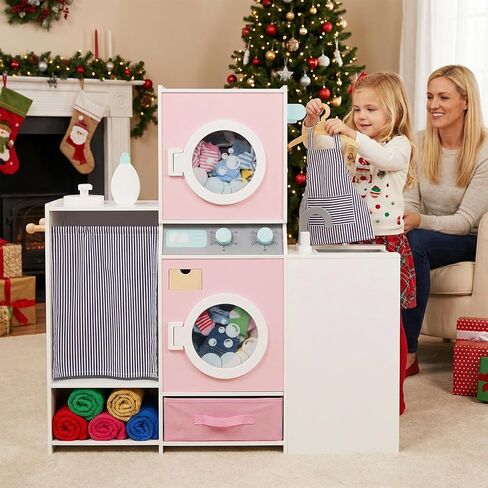 Costzon Kids Washer and Dryer Playset, Toddler Wooden Pretend Laundry Play Set w/Laundry Detergent Bottle, Iron, Hangers & Fabric Drawer, Realistic Laundry Room, Ideal Gift for Boys & Girls 3+ in Saudi Arabia