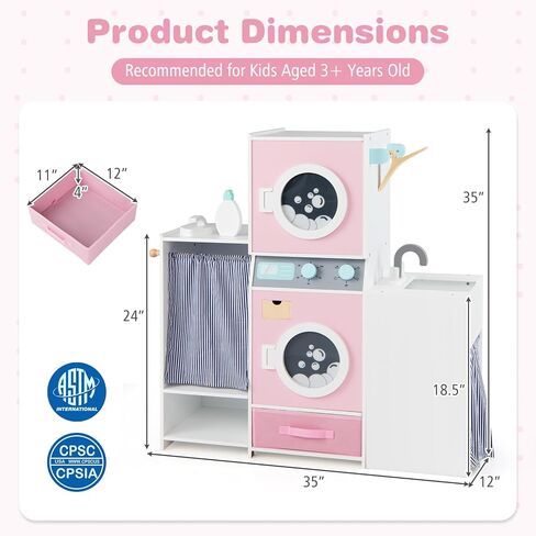 Costzon Kids Washer and Dryer Playset, Toddler Wooden Pretend Laundry Play Set w/Laundry Detergent Bottle, Iron, Hangers & Fabric Drawer, Realistic Laundry Room, Ideal Gift for Boys & Girls 3+ in Saudi Arabia