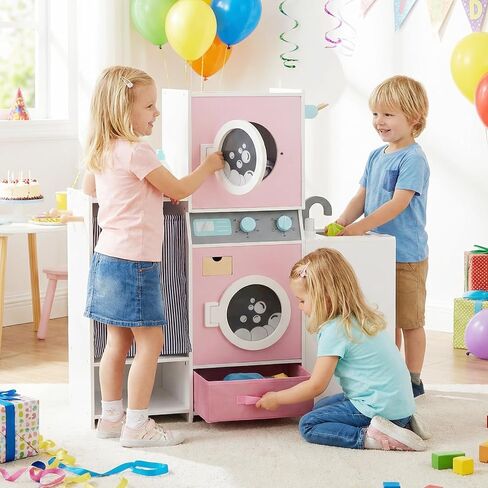 Costzon Kids Washer and Dryer Playset, Toddler Wooden Pretend Laundry Play Set w/Laundry Detergent Bottle, Iron, Hangers & Fabric Drawer, Realistic Laundry Room, Ideal Gift for Boys & Girls 3+ in Saudi Arabia