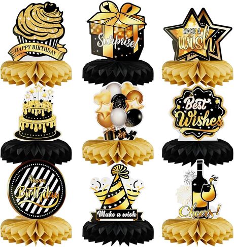 9Pcs Happy Birthday Party Table Decorations, Black Gold Honeycomb Centerpieces for Table, Birthday Table Toppers for Party Favor Photo Booth Props, Center Pieces for Men Woman in Saudi Arabia