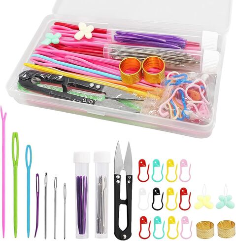 150PCS Blunt Eye Knitting Needles Set - Sewing Crochet Tools with Plastic/Metal Needles, Thimbles & Storage Box for DIY in Saudi Arabia
