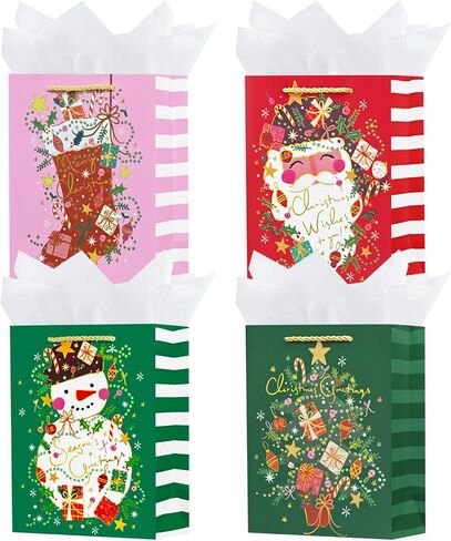 OFIHANLY 4 Pack 9" Small Size Christmas Gift Bags with Handles for Xmas Holiday Presents Reusable Pink&Red&Green Cute Paper Wrapping Bag with Tissue Paper for Kids in Saudi Arabia