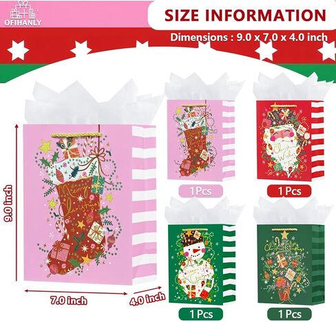 OFIHANLY 4 Pack 9" Small Size Christmas Gift Bags with Handles for Xmas Holiday Presents Reusable Pink&Red&Green Cute Paper Wrapping Bag with Tissue Paper for Kids in Saudi Arabia
