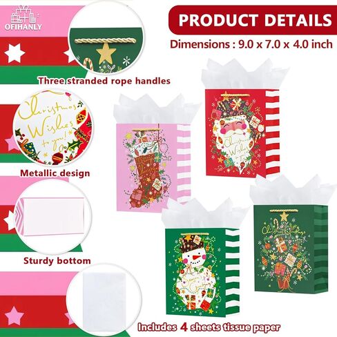 OFIHANLY 4 Pack 9" Small Size Christmas Gift Bags with Handles for Xmas Holiday Presents Reusable Pink&Red&Green Cute Paper Wrapping Bag with Tissue Paper for Kids in Saudi Arabia