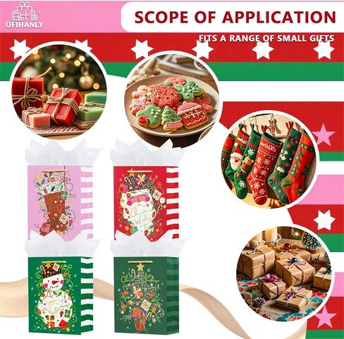 OFIHANLY 4 Pack 9" Small Size Christmas Gift Bags with Handles for Xmas Holiday Presents Reusable Pink&Red&Green Cute Paper Wrapping Bag with Tissue Paper for Kids in Saudi Arabia