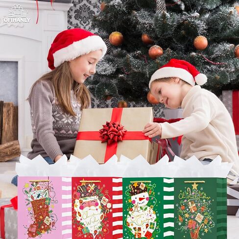 OFIHANLY 4 Pack 9" Small Size Christmas Gift Bags with Handles for Xmas Holiday Presents Reusable Pink&Red&Green Cute Paper Wrapping Bag with Tissue Paper for Kids in Saudi Arabia
