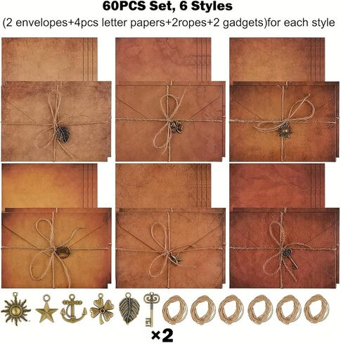60pcs Vintage Stationary Paper and Envelopes Set, Includes Sheets Antique Letter Papers, Kraft Envelopes, Retro Accessories, Rope（Stars,leaves,sun,keys,ship anchors,four-leaf clovers） in Saudi Arabia