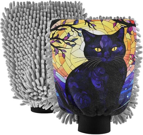AIXIWAWA Car Wash Mitt Washing Glove Scratch Free Water Absorbent 2 Pack Large Glass Window Black Cat Print in Saudi Arabia