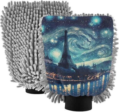 AIXIWAWA Car Wash Mitt Washing Glove Scratch Free Water Absorbent 2 Pack Large Paris City Night Print in Kuwait