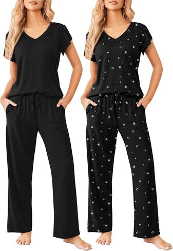 Ekouaer 2 حزمة منامة نسائية قصيرة الأكمام ملابس النوم مع السراويل فائقة النعومة المطبوعة صالة مجموعات S-XXL in Kuwait