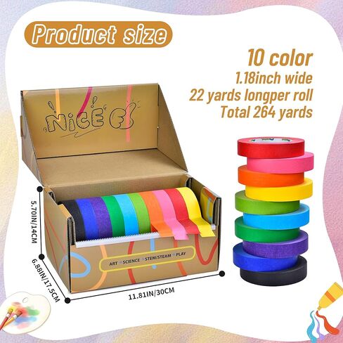 Masking Tape with Dispenser Includes 10 Rolls Colored Maker Tape 1" x 60 Yard, 600 Total Yards Arts and Crafts Tape Multi-Use Labeling, Classroom,Education, Office, Home in Saudi Arabia