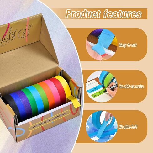 Masking Tape with Dispenser Includes 10 Rolls Colored Maker Tape 1" x 60 Yard, 600 Total Yards Arts and Crafts Tape Multi-Use Labeling, Classroom,Education, Office, Home in Saudi Arabia