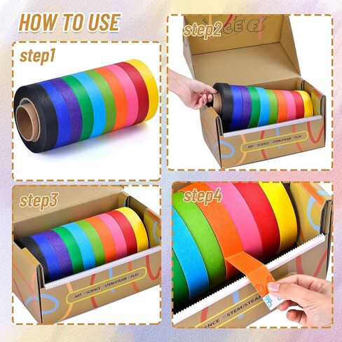 Masking Tape with Dispenser Includes 10 Rolls Colored Maker Tape 1" x 60 Yard, 600 Total Yards Arts and Crafts Tape Multi-Use Labeling, Classroom,Education, Office, Home in Saudi Arabia