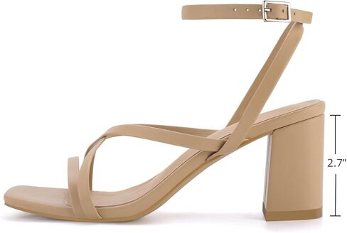 Shoe'N Tale Strappy Heels for Women Chunky Block Heels Square Open Toe Ankle Strap Buckle Sandals(9,Natural Nude) in Kuwait