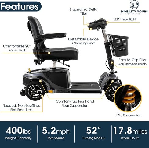 Pride Mobility Revo 2.0، + ملحقات التنقل الخاصة بك سكوتر التنقل ذو الأربع عجلات شديد التحمل للبالغين، سعة 400 رطل، مقعد عريض 20 بوصة، 17.8 ميل لكل شحنة، تعليق CTS، ضمان إضافي in Kuwait