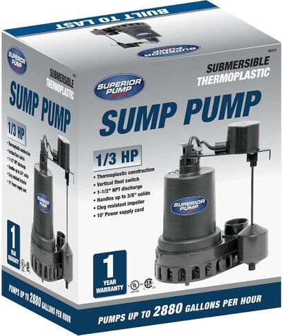 Superior Pump 92260 1/4 HP Plastic Sump Pump with Vertical Float Switch, Black in Kuwait