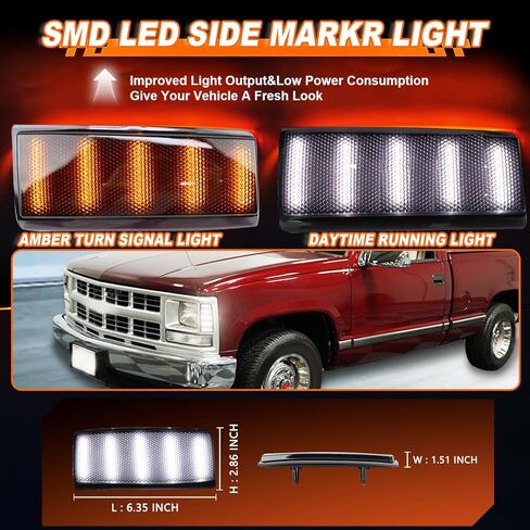Smoked LED Headlight Side Marker Lamp for Chevy/GMC C/K 10 Truck/Suburban/Yukon/Blazer/Tahoe Fender Side Marker Light Assembly Unit 1988-2002 -White DRL, Amber Turn Signal (Smoked) in Kuwait