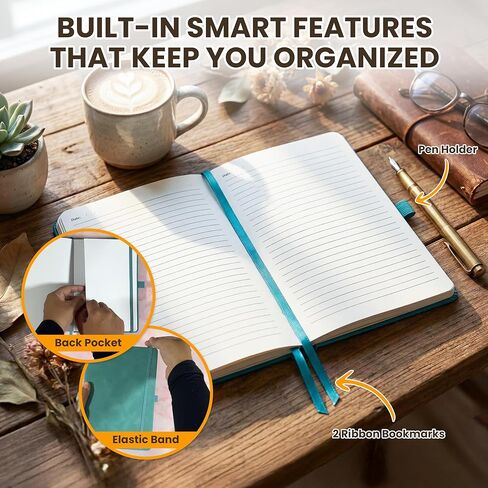 Decorably 312 Pages A5 Teal Lined Journal Notebook Hardcover for Women and Men, 5.7x8.3in PU Leatherbound with Table of Contents, Ribbon Bookmarks, Pen Holder, and Back Pocket - School, Office, Home in Saudi Arabia