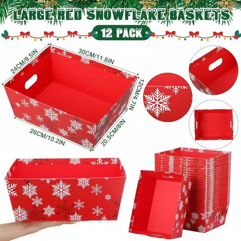 Cholemy 12 Set Large Christmas Gift Baskets Empty 10 x 12 Inch Red Snowflake Baskets for Gifts to Fill Christmas DIY Cardboard Basket with Handles to Fill for Wedding Party in Saudi Arabia