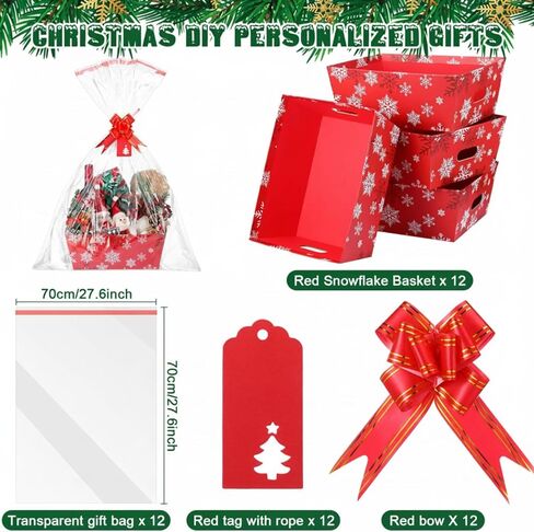 Cholemy 12 Set Large Christmas Gift Baskets Empty 10 x 12 Inch Red Snowflake Baskets for Gifts to Fill Christmas DIY Cardboard Basket with Handles to Fill for Wedding Party in Saudi Arabia