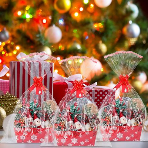 Cholemy 12 Set Large Christmas Gift Baskets Empty 10 x 12 Inch Red Snowflake Baskets for Gifts to Fill Christmas DIY Cardboard Basket with Handles to Fill for Wedding Party in Saudi Arabia