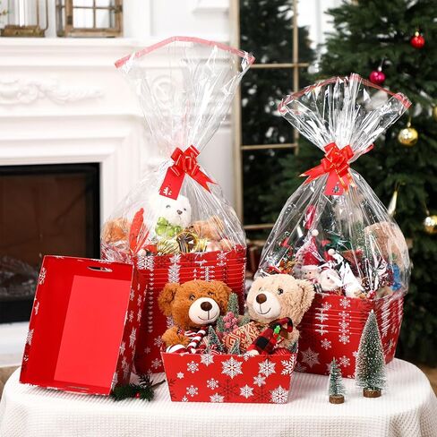 Cholemy 12 Set Large Christmas Gift Baskets Empty 10 x 12 Inch Red Snowflake Baskets for Gifts to Fill Christmas DIY Cardboard Basket with Handles to Fill for Wedding Party in Saudi Arabia